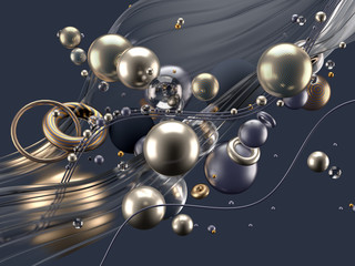 Beautiful abstract background with volume elements, balls, texture, lines. 3d illustration, 3d rendering.