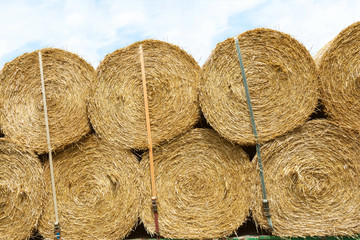 View of the bales tied with straps against the sky that are transported from the storage field.