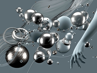 Beautiful abstract background with volume elements, balls, texture, lines. 3d illustration, 3d rendering.