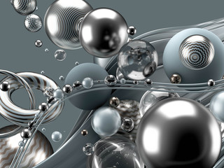 Beautiful abstract background with volume elements, balls, texture, lines. 3d illustration, 3d rendering.