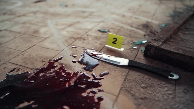 Crime scene with knife marked with number in blood of victim on floor. Investigation of cruel murder