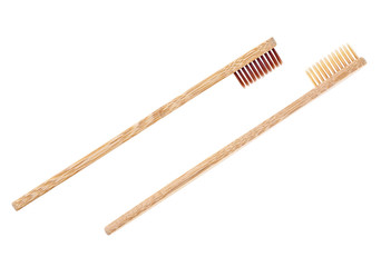 Wooden toothbrushes on a white background. Bamboo toothbrush.