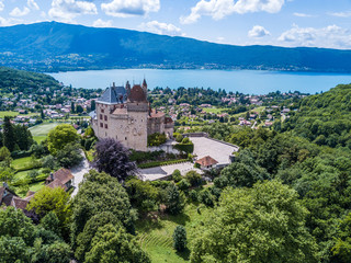 Annecy city, lake and castle from above, in southeastern France