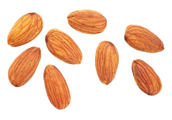Almonds isolated on a white background, top view.