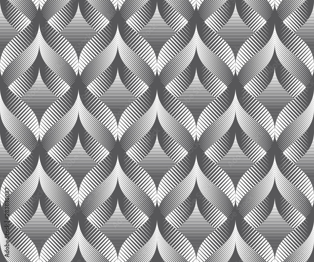 Poster waves seamless pattern with geometric texture. optical illusion of volume.