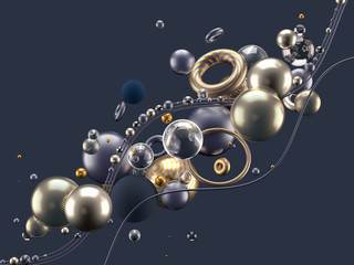 Beautiful abstract background with volume elements, balls, texture, lines. 3d illustration, 3d rendering.