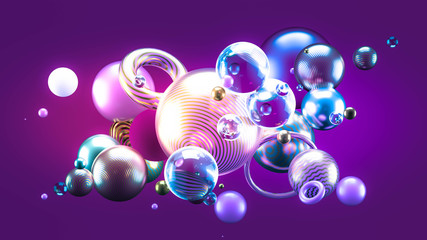 Beautiful abstract background with volume elements, balls, texture, lines. 3d illustration, 3d rendering.