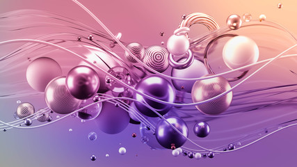 Beautiful abstract background with volume elements, balls, texture, lines. 3d illustration, 3d rendering.