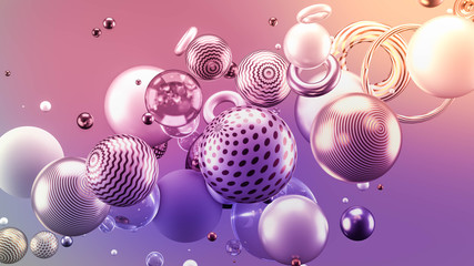 Beautiful abstract background with volume elements, balls, texture, lines. 3d illustration, 3d rendering.