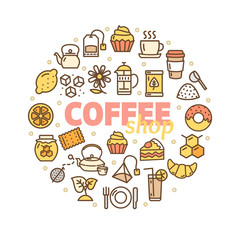 Coffee Shop Banner Round Design Template Thin Line Icon Concept. Vector