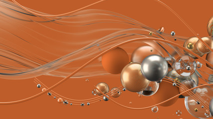 Beautiful abstract background with volume elements, balls, texture, lines. 3d illustration, 3d rendering.