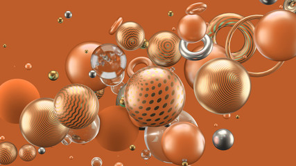 Beautiful abstract background with volume elements, balls, texture, lines. 3d illustration, 3d rendering.