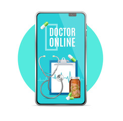 Realistic 3d Detailed Doctor Online App Concept. Vector