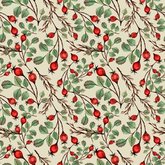 Fototapeta na wymiar Watercolor seamless pattern with rose hip berries.Light background, hand drawn botanical illustration, autumn texture. Design for wedding invitations, greeting cards, cards, textile, paper, fashion