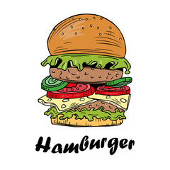 Big burger, hamburger hand drawn vector illustration sketch retro style.