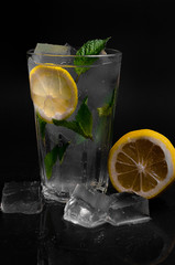 Set of coctails with ice, fruit and pepermint