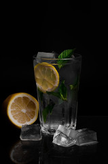 Set of coctails with ice, fruit and pepermint