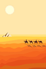 Desert Landscape with Sand Dunes. Caravan of Camels Goes to Symbol of Egyptian Pyramids. Silhouette Design in a Flat Style. Raster Illustration