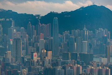 Hong Kong, China - August, 2019 :  Hong Kong cityscape at night, sky scraper building