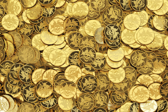 Heap of golden pirates coins, top view. Golden coins with skull symbol, treasure hunting, gaming concept. 