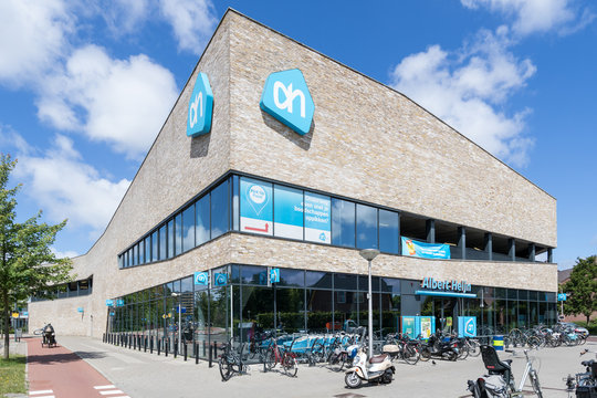 DELFT, THE NETHERLANDS - June 21, 2018: Albert Heijn supermarket. Albert Heijn is the largest Dutch supermarket chain and a key brand of Ahold Delhaize, an international food retail group.