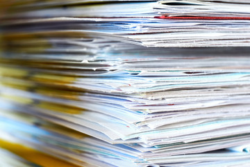 Pile of papers. Stack of business papers, bills or documents closeup. Debt free life, business office stress workload or paperless office concept.