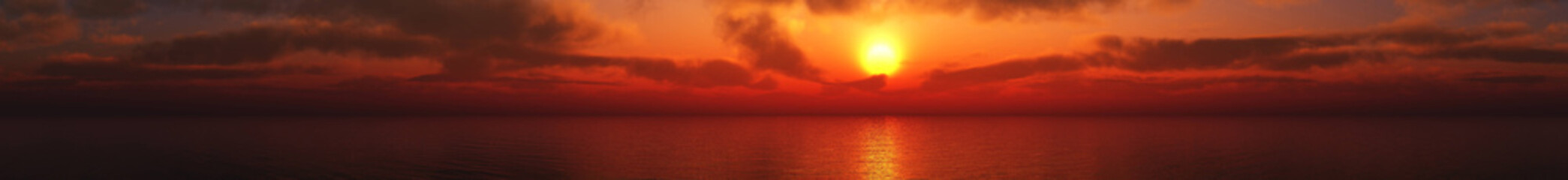 Panorama van het zeelandschap bij zonsondergang. Stormachtige lucht boven de oceaan. Banier. , 3D-rendering