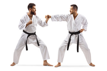 Two men in kimonos with black belt fighting
