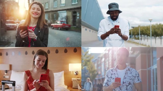 Nomophobia - People using the mobile phone. No-mobile-phone phobia. Multiscreen on people using smartphone in everyday life. Commuters being on their mobile phones walking.