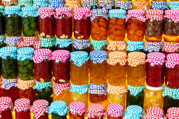 Colorful jam jars on the traditional baazar