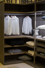 A modern wardrobe room with lighting, with examples of shelves for clothes in the apartment
