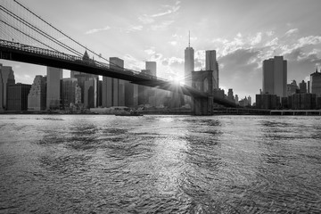 Brooklyn Bridge and skyline of Manhattan in black and white, New York City, USA