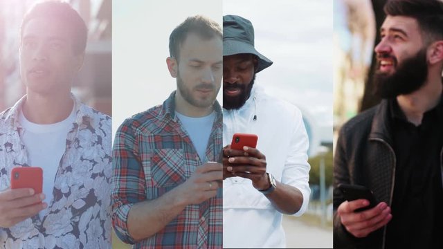 Nomophobia - People Using The Mobile Phone. No-mobile-phone Phobia. Multiscreen On People Using Smartphone In Everyday Life. Commuters Being On Their Mobile Phones Walking.