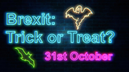 Brexit: Trick or Trick neon lettering on brick wall, design illustration. Brexit crisis concept