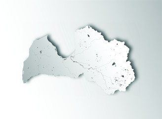 Map of Latvia with paper cut effect. Hand made. Rivers and lakes are shown. Please look at my other images of cartographic series - they are all very detailed and carefully drawn by hand WITH RIVERS A