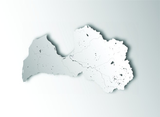 Obraz premium Map of Latvia with paper cut effect. Hand made. Rivers and lakes are shown. Please look at my other images of cartographic series - they are all very detailed and carefully drawn by hand WITH RIVERS A