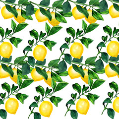 Lemon on a branch seamless background. Watercolor pattern of citrus leaves for the design of wedding invitations, cards.