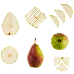 Seamless pattern with sweet pear. Food collage, white background. Slicing.