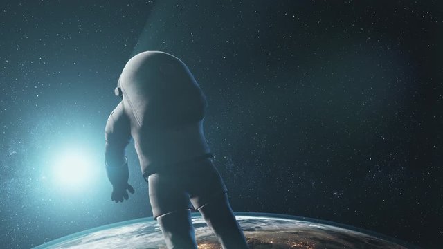 motion graph cosmonaut in white spacesuit silhouette flies near planet Earth with white halo backside view. 3d animation. Science and technology concept. 4K. Elements of this media furnished by NASA