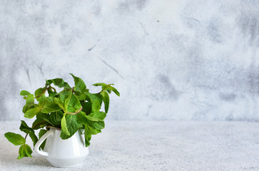 Fresh, green mint on the kitchen table on a concrete background.