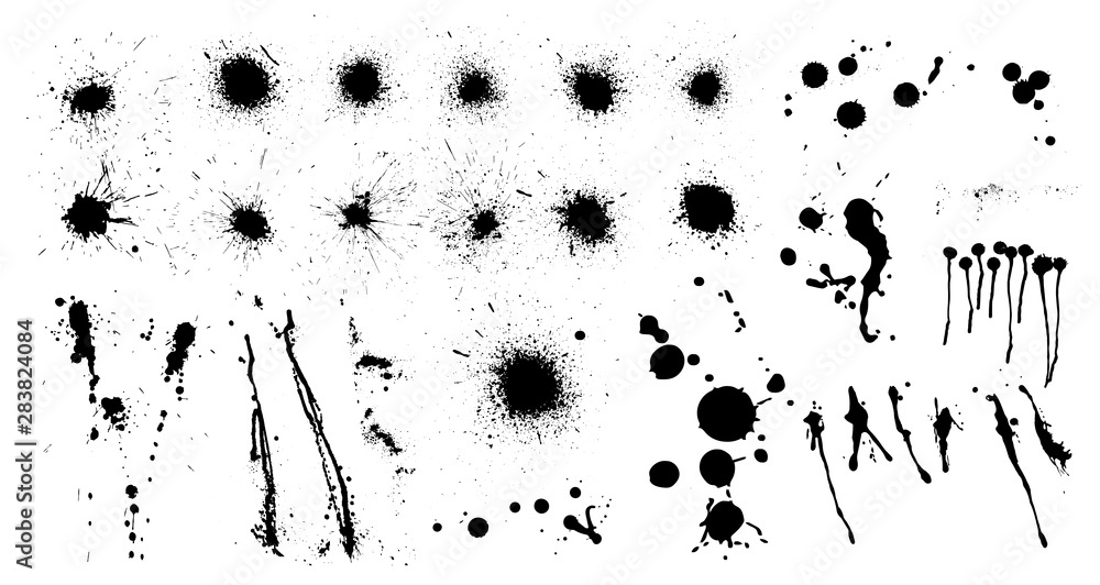 Poster black ink spots set. inked splatter dirt stain spatter spray splashes. high quality manually tracked