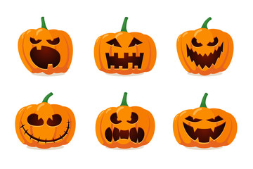Halloween monster jack lantern orange pumpkin carved glowing scary face emotion set on white background. Holiday cartoon character collection for celebration design. Vector spooky illustration