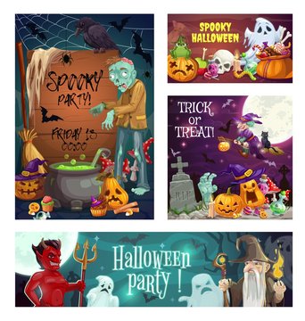 Halloween ghosts, witch, pumpkins and candies