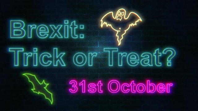 Brexit: Trick or Trick neon lettering flashing on brick wall. Brexit crisis concept