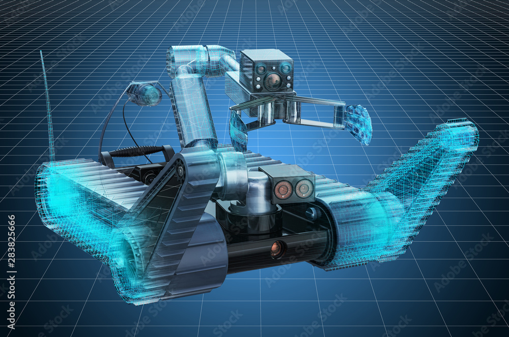 Aufkleber visualization 3d cad model of bomb disposal robot, military engineering concept. 3d rendering