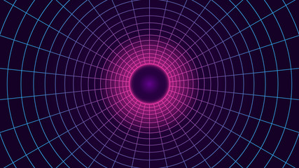 Synthwave background. 80s sci-fi retro style. Dark futuristic backdrop with tube grid vanishing far away. Scary sphere like AI interface in the middle of the grid. Geometric template