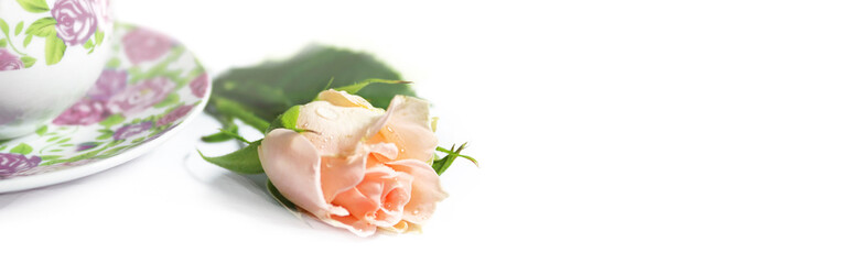 Fototapeta premium Morning. Pink rose flowers and porcelain cup of black coffee on the table. Banner