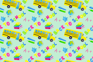 Back to school watercolor seamless pattern with yellow bus, globe, books, stationery, ink blot, pen and pencil. Pattern for fabric and textile on blue background. Hand written back to school lettering