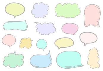 Set of hand drawn multicolored think and talk speech bubbles on white. Abstract clouds on isolation background
