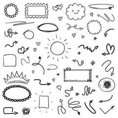 Hand drawn different tangled signs and shapes on white. Background with array of lines. Chaotic symbols. Art creation. Black and white illustration. Doodles for your design